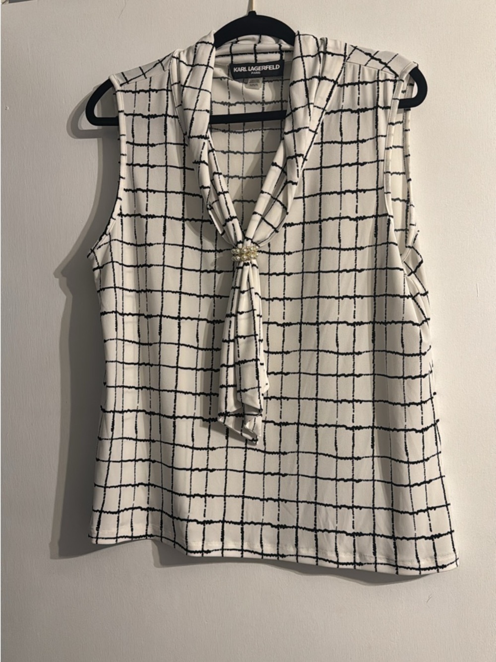 Karl Lagerfeld White and Black Windowpane Tie-Neck Sleeveless Blouse